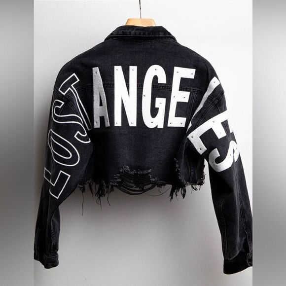 Trio Urban Lost Angeles Jean Black Jacket Cropped Cut Out Size XS - Picture 4 of 8